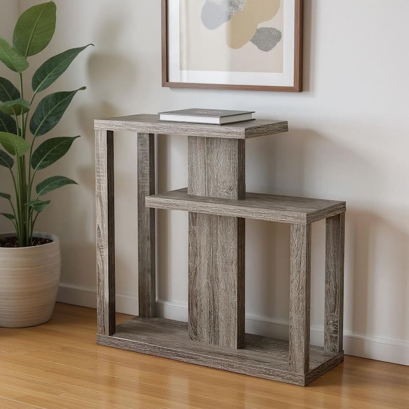 Console Table Asymmetrical Geometric Design Multi Tier Wood Finish