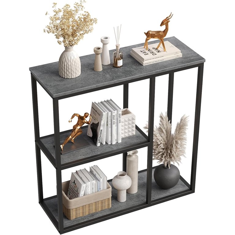 Console Table Asymmetrical Shelves Black Metal Stone Look Entryway Decor