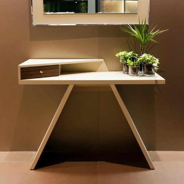 Console Table, Asymmetrical Top, Contrast Drawer, V-Shaped Legs, Beige.