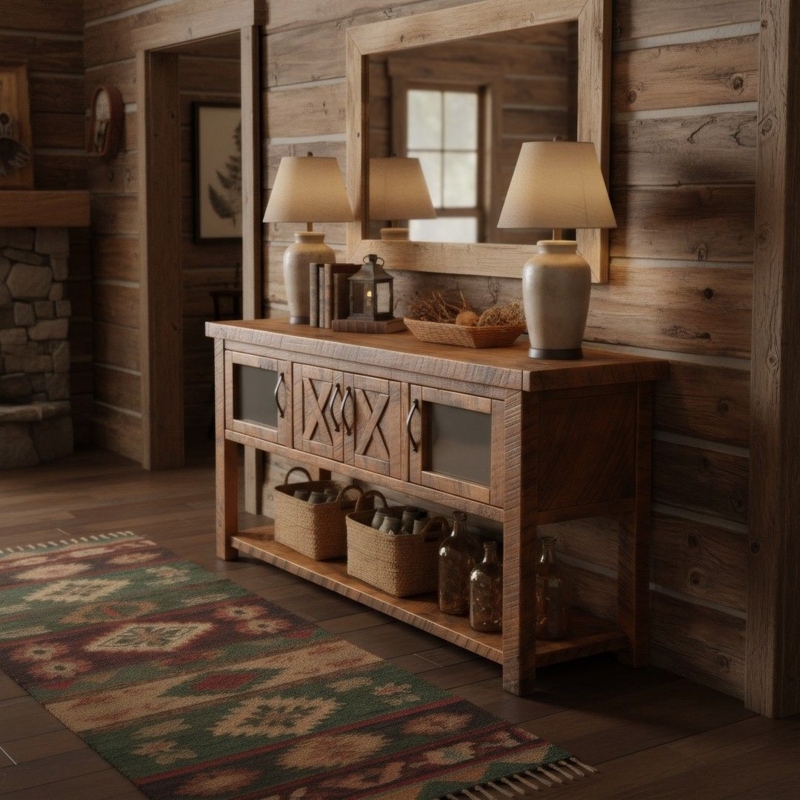 Console Table Barn Door Style Four Doors X-Brace Detail Glass