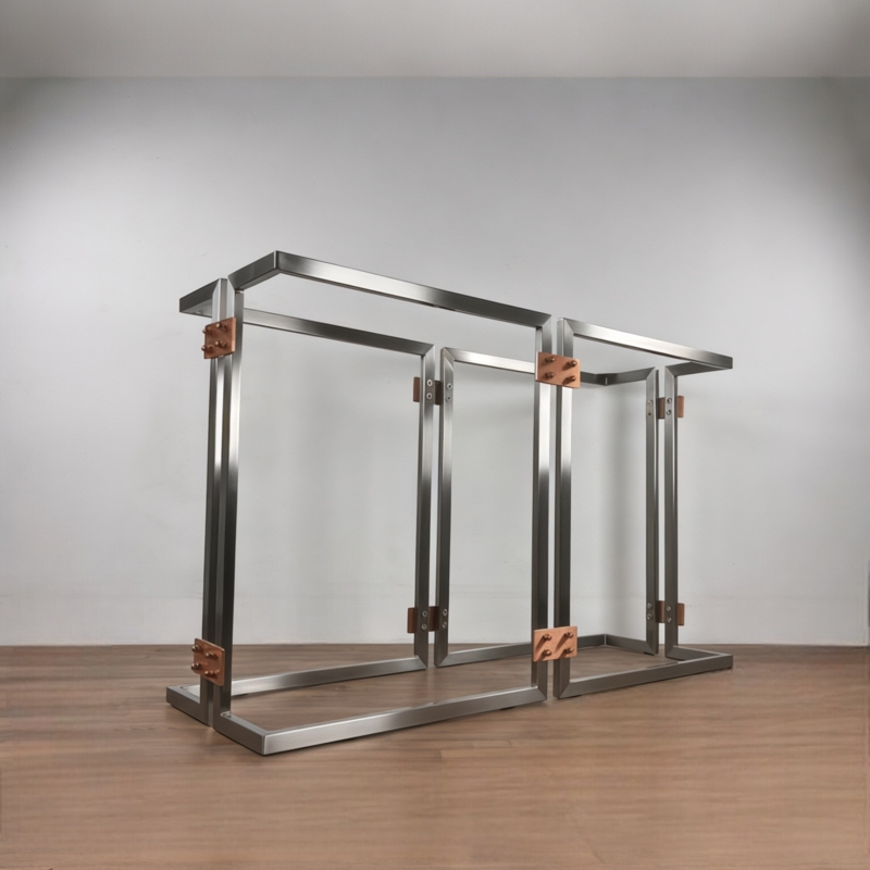 Console Table Base Industrial Brushed Steel Bolted Copper Joints