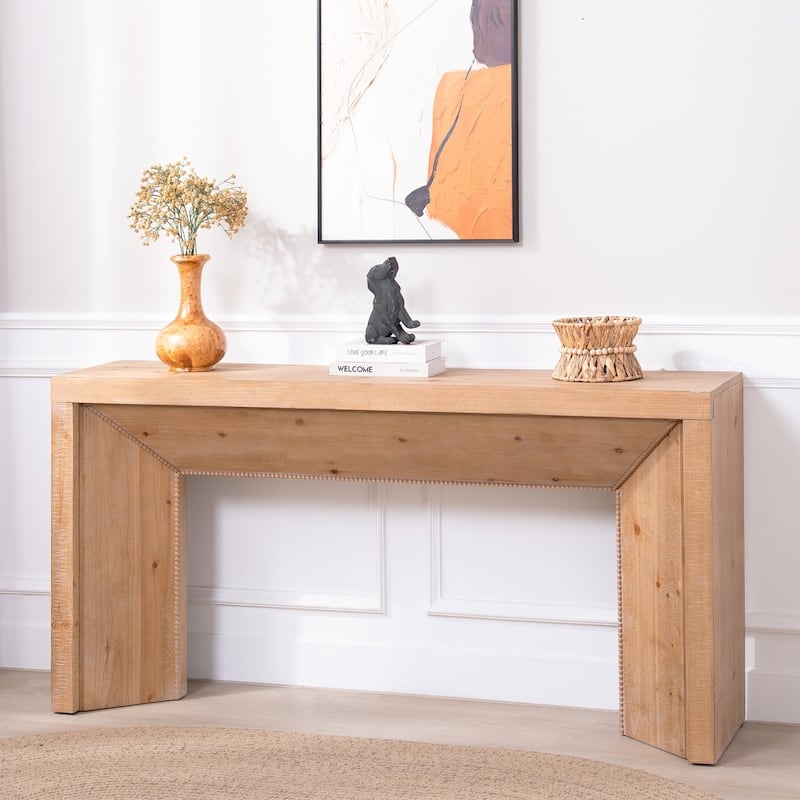 Console Table Beaded Trim Chunky Silhouette Solid Look Light Brown Wood