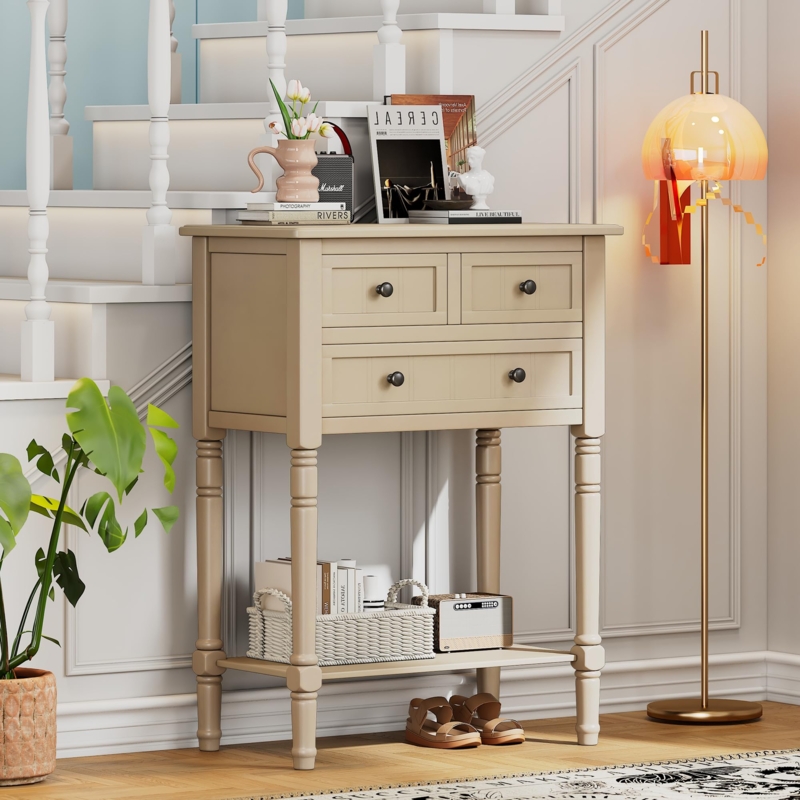 Console Table Beige Turned Legs Narrow Profile Foyer Storage
