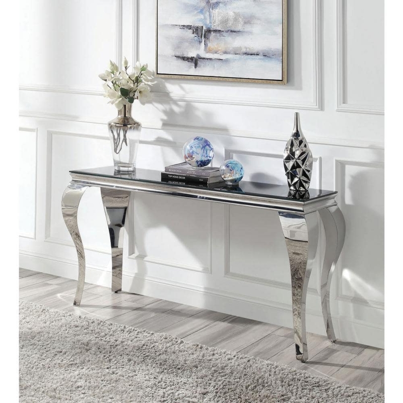 Console Table Black Glass Curved Silver Legs Modern Styling