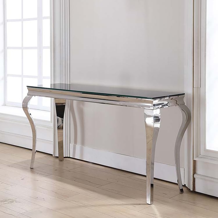 Console Table, Black Glass Top, Curved Silver Frame, Cabriole Legs.