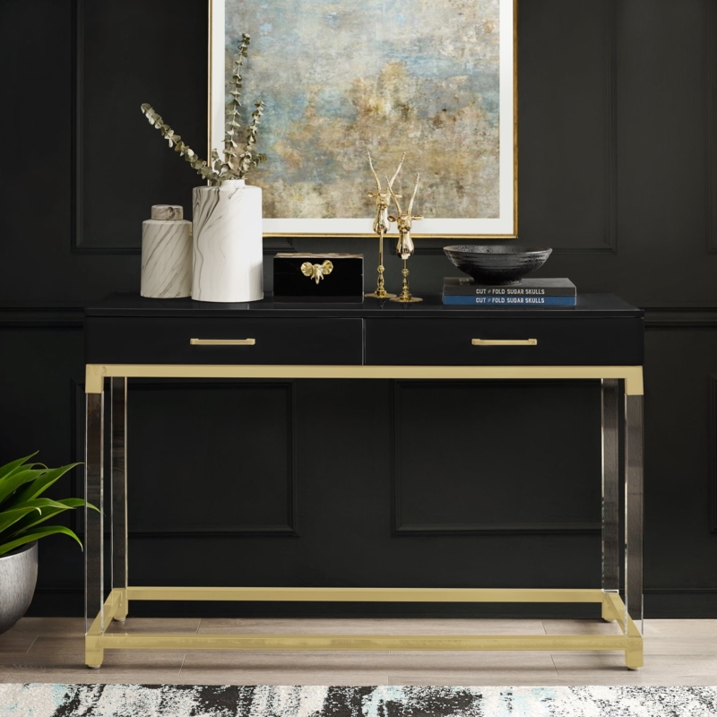 Console Table Black High Gloss Gold Framed Base Acrylic Legs Luxury Glam