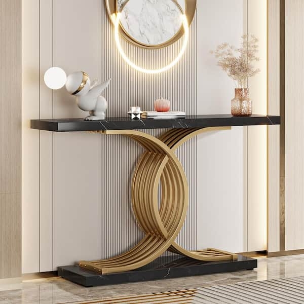 Console Table, Black Marbled Slabs, Geometric Base, Glam Style.