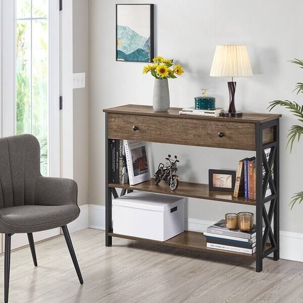 Console Table Black Metal X Frame Sides Integrated Drawer Taupe Wood