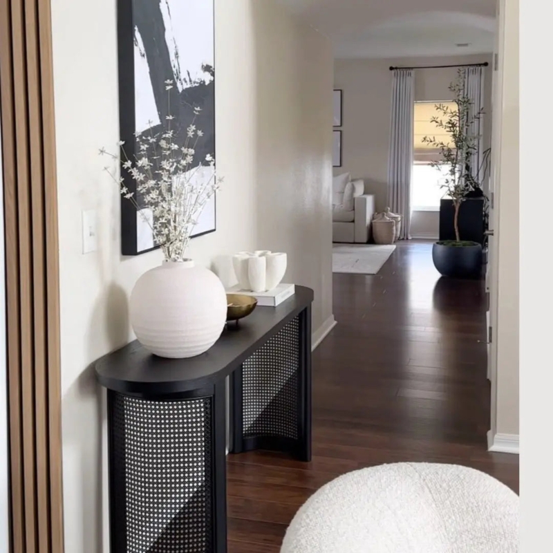 Console Table Black Pill Shape Woven Cane Panels