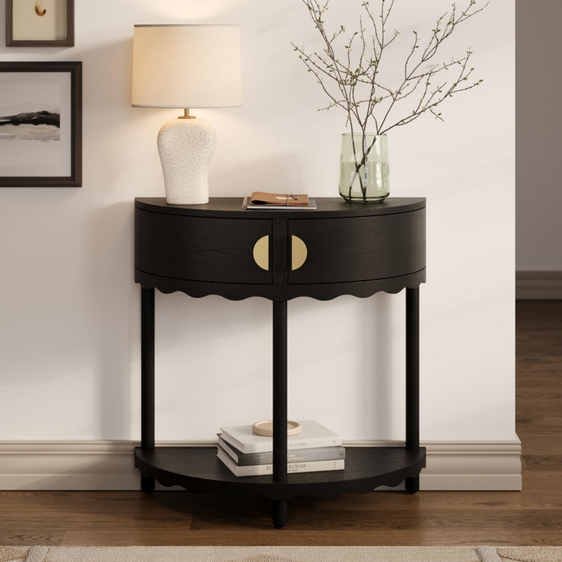 Console Table Black Scalloped Skirt with Gold Pulls and Drawers