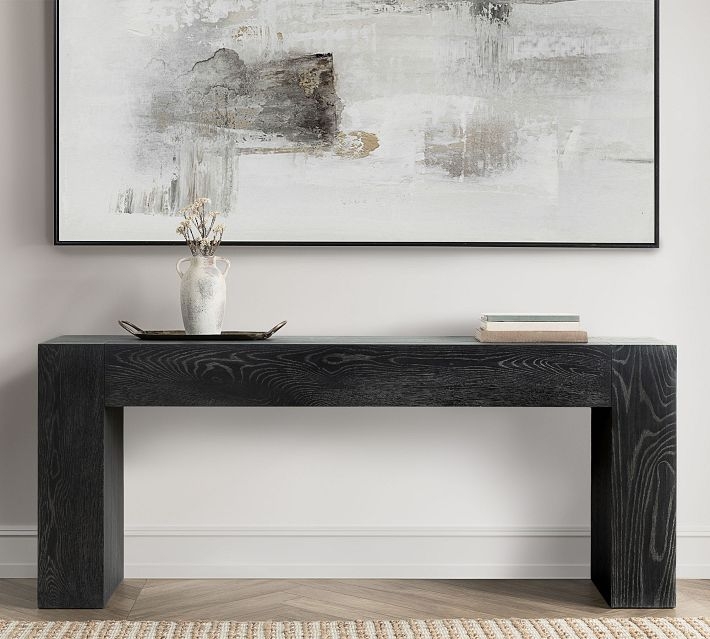 Console Table Black Wood Grain Minimalist Block Form Thick Top