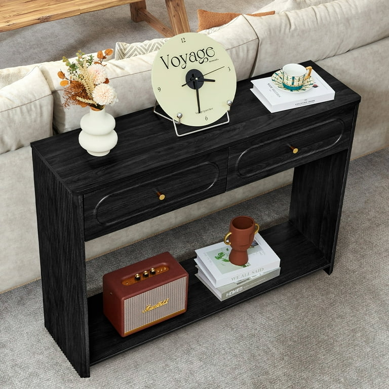 Console Table Black Wood Grain Oval Inset Drawers Sofa Storage