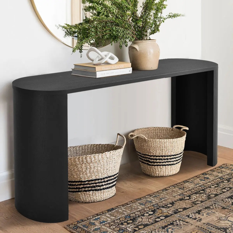 Console Table Black Wood Toned Waterfall Edge Oval Top
