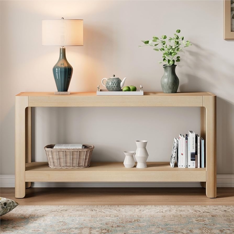 Console Table Blonde Wood Rounded Corners Lower Shelf Natural Finish