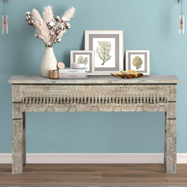 Console Table Bohemian Hand Carved Wood Distressed Finish