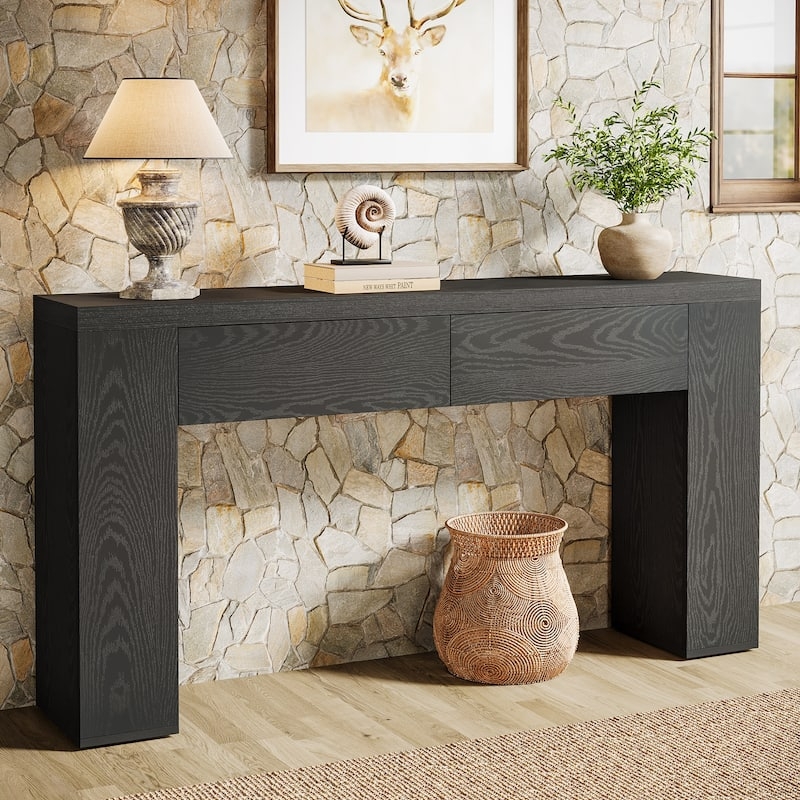 Console Table Bold Wood Grain Seamless Drawer Fronts Charcoal Gray