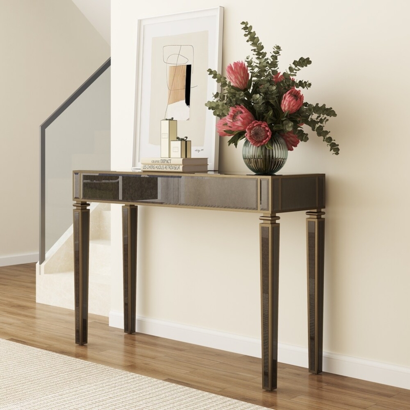 Console Table Bronze Toned Frame Mirrored Panels Glam