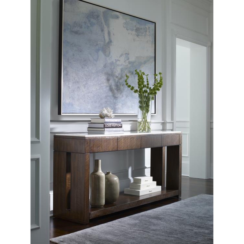 Console Table Brunette Finish Wood Frame Stone Top Lower Storage Shelf