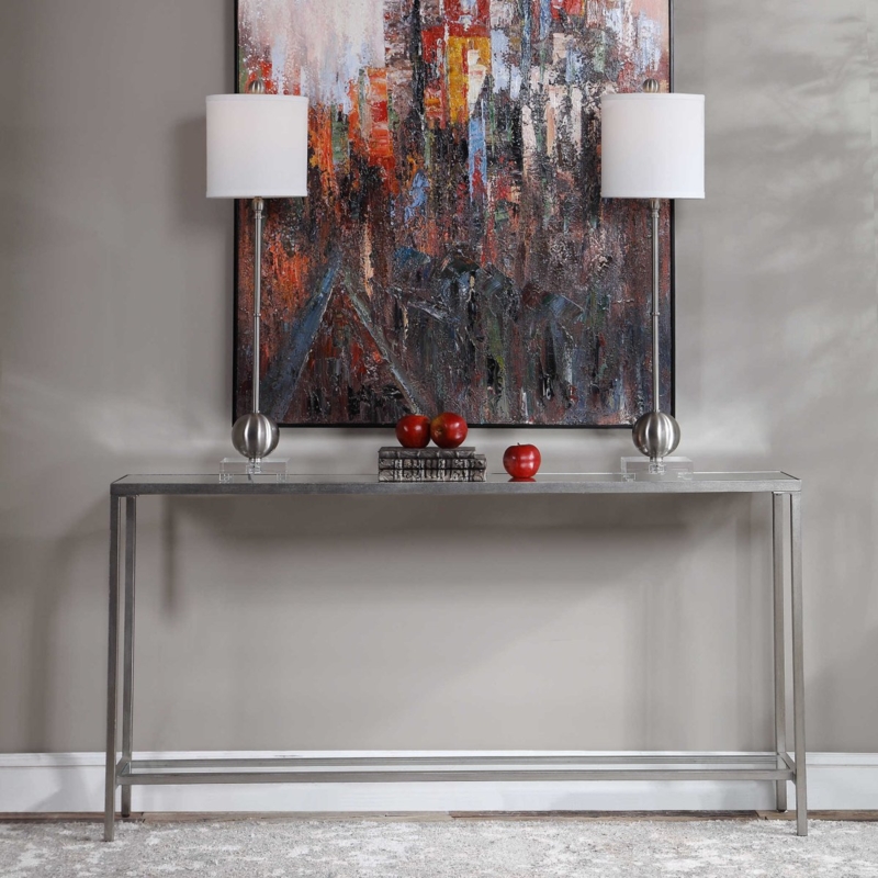 Console Table Brushed Silver Ultra Slim Legs Two-Tier