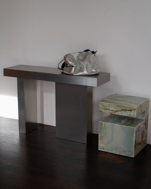 Console Table Brushed Stainless Steel Slab Top Pedestal Base