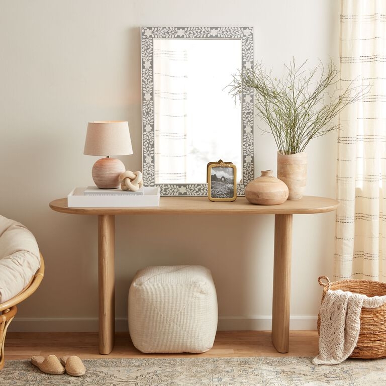 Console Table Brushed Wood Thick Cylindrical Legs Oval