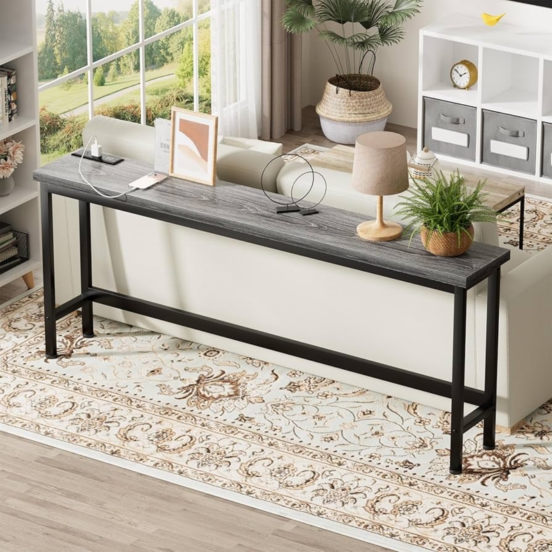 Console Table Built In Outlets USB Ports Grey Wood Grain Narrow Profile