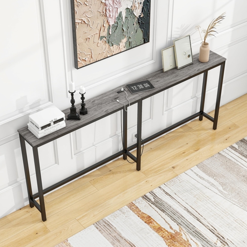 Console Table Built-In Power Outlets Grey Wood Extra Long Sofa Table