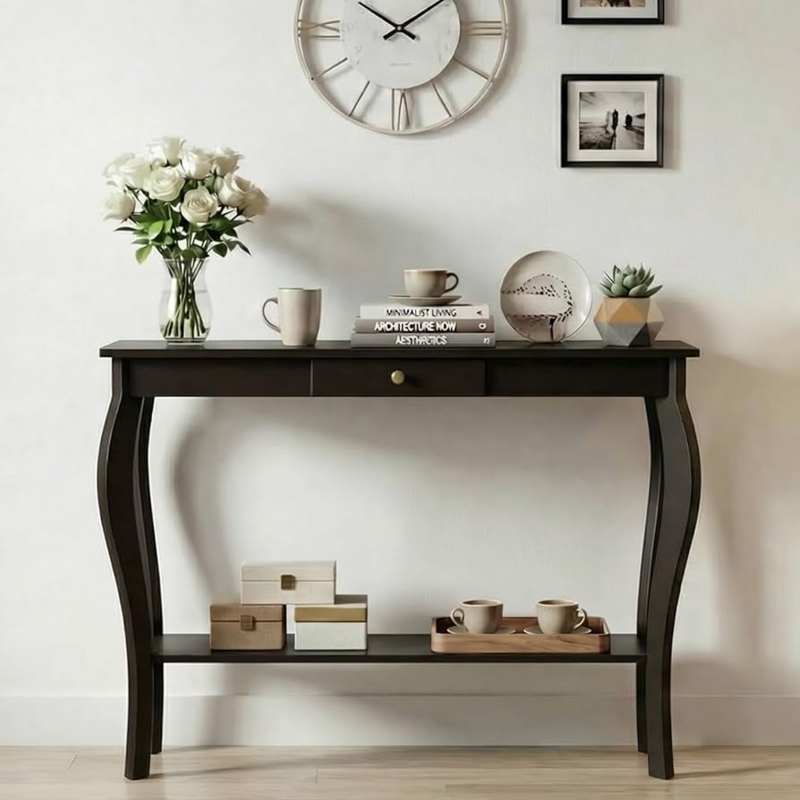 Console Table Cabriole Legs Single Drawer Espresso Transitional