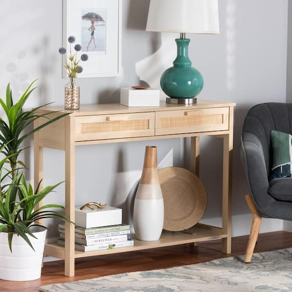 Console Table Cane Drawer Fronts Blonde Wood Double Tier Storage