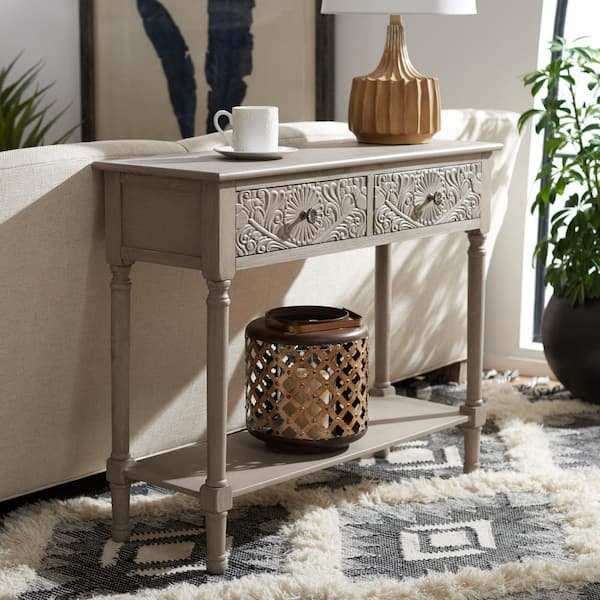 Console Table Carved Drawer Fronts Floral Details Turned Legs Bohemian