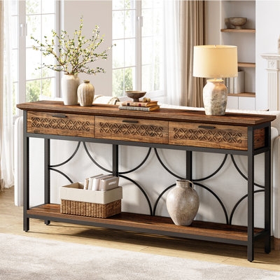 Console Table Carved Wood Drawers Rustic Industrial Storage Shelf