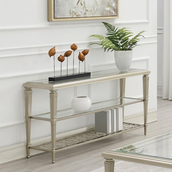 Console Table Champagne Gold Three Tier Geometric Fretwork Shelf