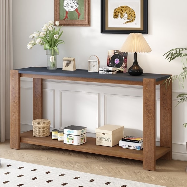 Console Table Charcoal Gray Top Warm Brown Legs Two-Tone Transitional