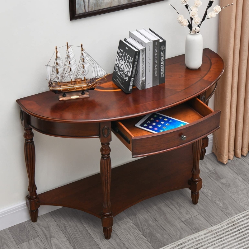 Console Table Cherry Finish Decorative Inlay Fluted Legs