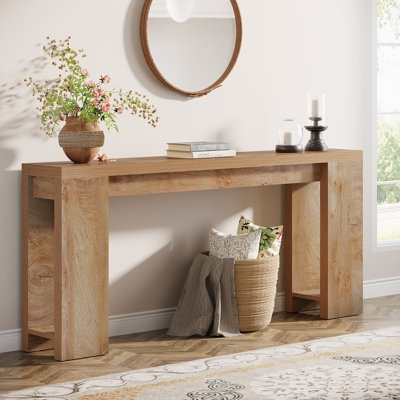 Console Table Chunky Block Legs Light Wood Toned Long Narrow Profile