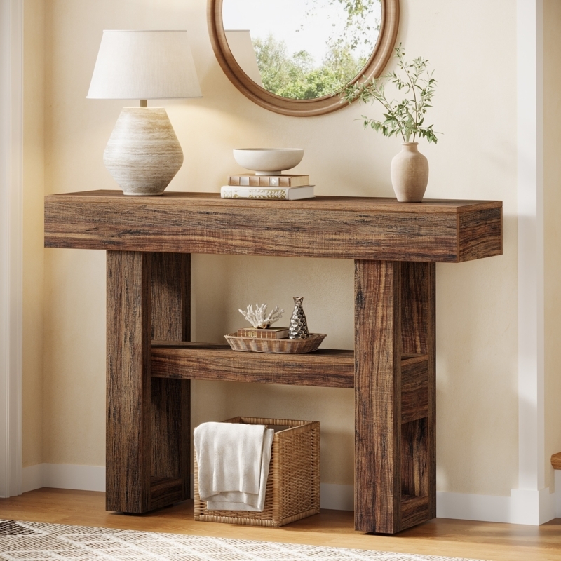 Console Table Chunky Legs Distressed Wood Two-Tier Farmhouse Entryway