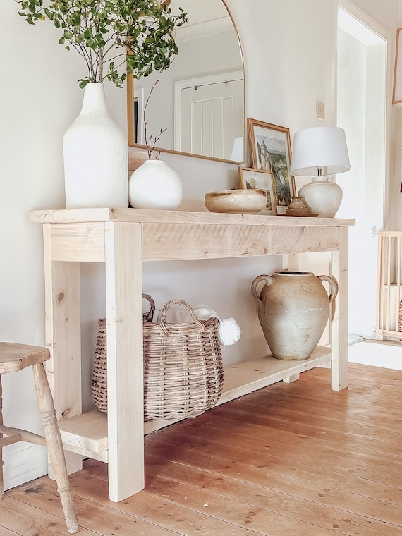 Console Table Chunky Legs Lower Shelf Rustic Pale Natural Finish