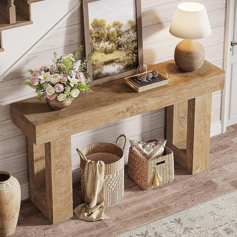 Console Table Chunky Profile Thick Legs Rustic Natural Wood Farmhouse