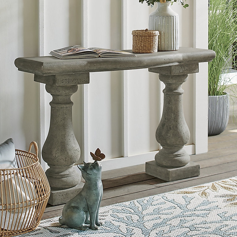 Console Table Chunky Silhouette Baluster Legs Weathered Matte Finish Stone Like