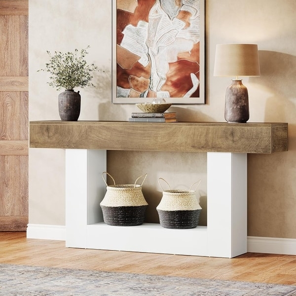 Console Table Chunky Wood Top White Block Base Two Tone Modern Farmhouse