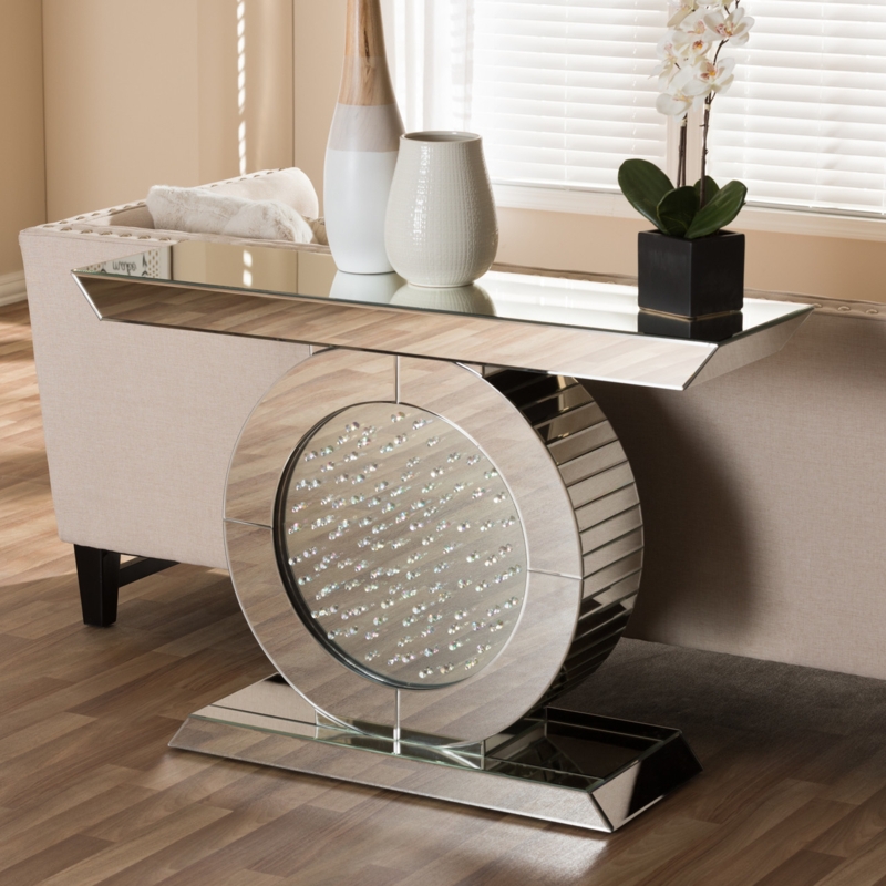 Console Table Circular Base Crystal Inlay Mirrored