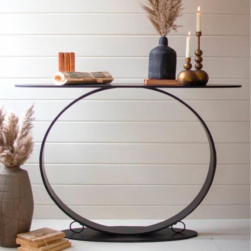 Console Table Circular Base Thin Top Matte Black Metal