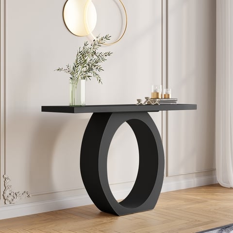 Console Table, Circular Pedestal Base, Matte Black Finish, Minimalist.