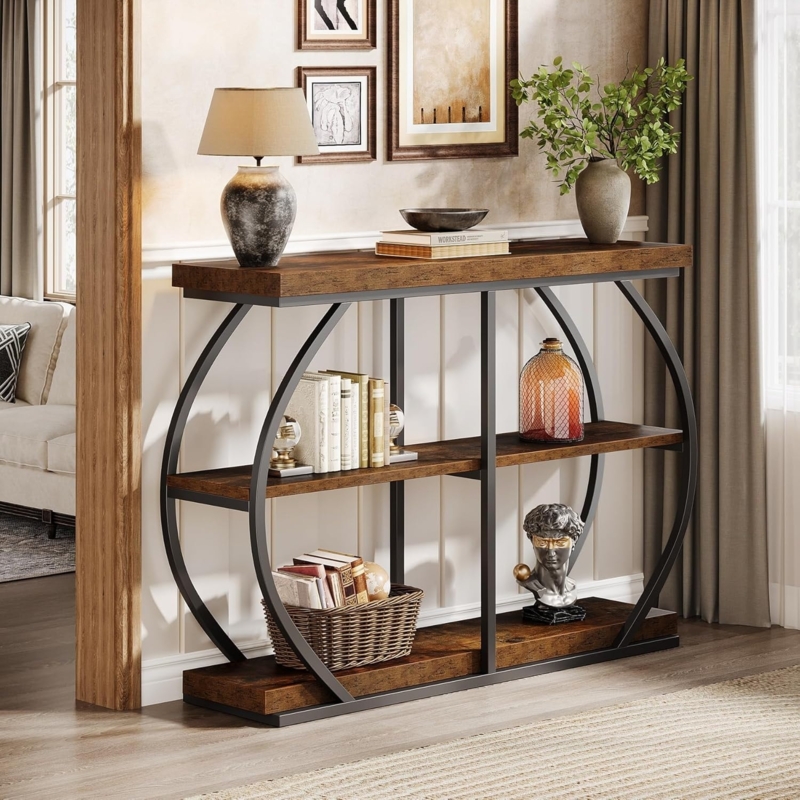 Console Table Circular Side Supports Three Tier Modern Industrial