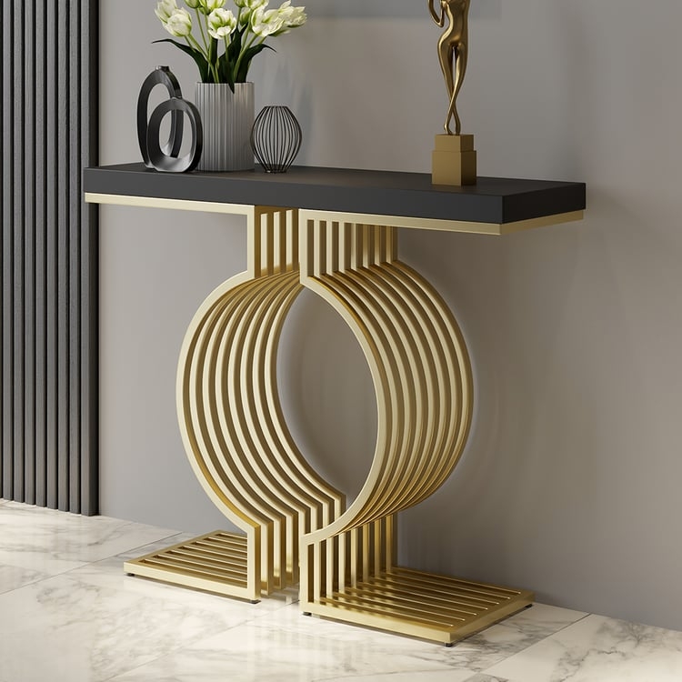 Console Table, Circular Slatted Base, Matte Black Top, Gold Finish.