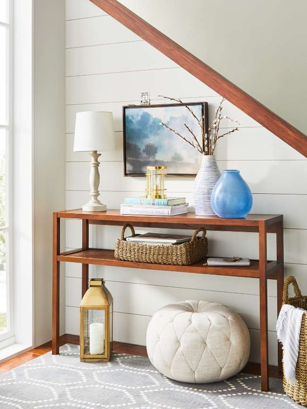 Console Table Coastal Style Two Tier Shelf Wood Toned Woven Accents