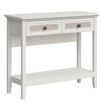 Console Table Coastal White Woven Drawer Fronts Open Bottom Shelf Tapered