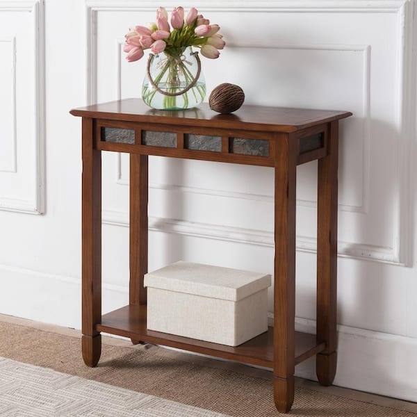 Console Table Compact Wood with Slate Tile Inlay Apron