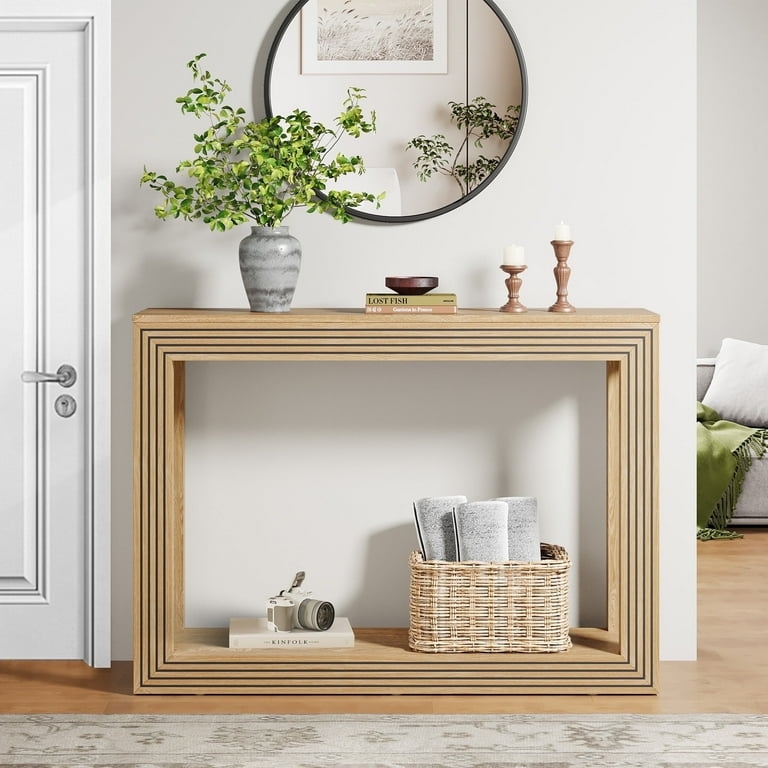 Console Table Concentric Grooves Two Tier Beige Wood Modern Farmhouse
