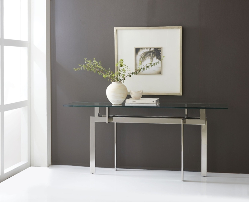 Console Table Contemporary Glass Top Polished Metal Zig Zag Base